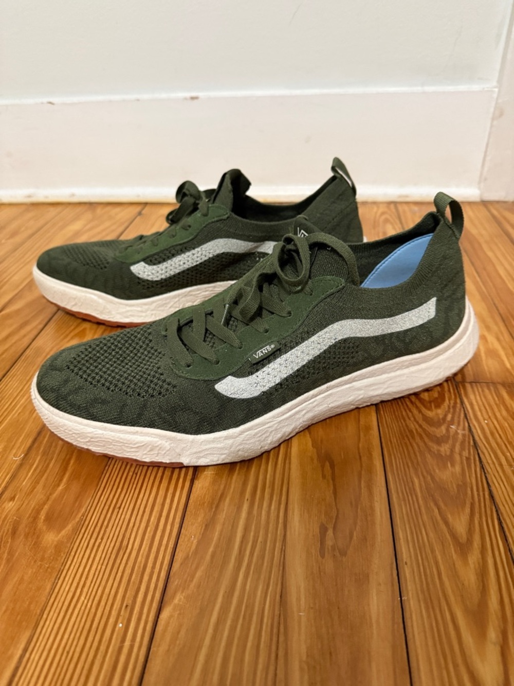 Vans Olive Green Knit Low-Top Sneakers with White Side Stripe